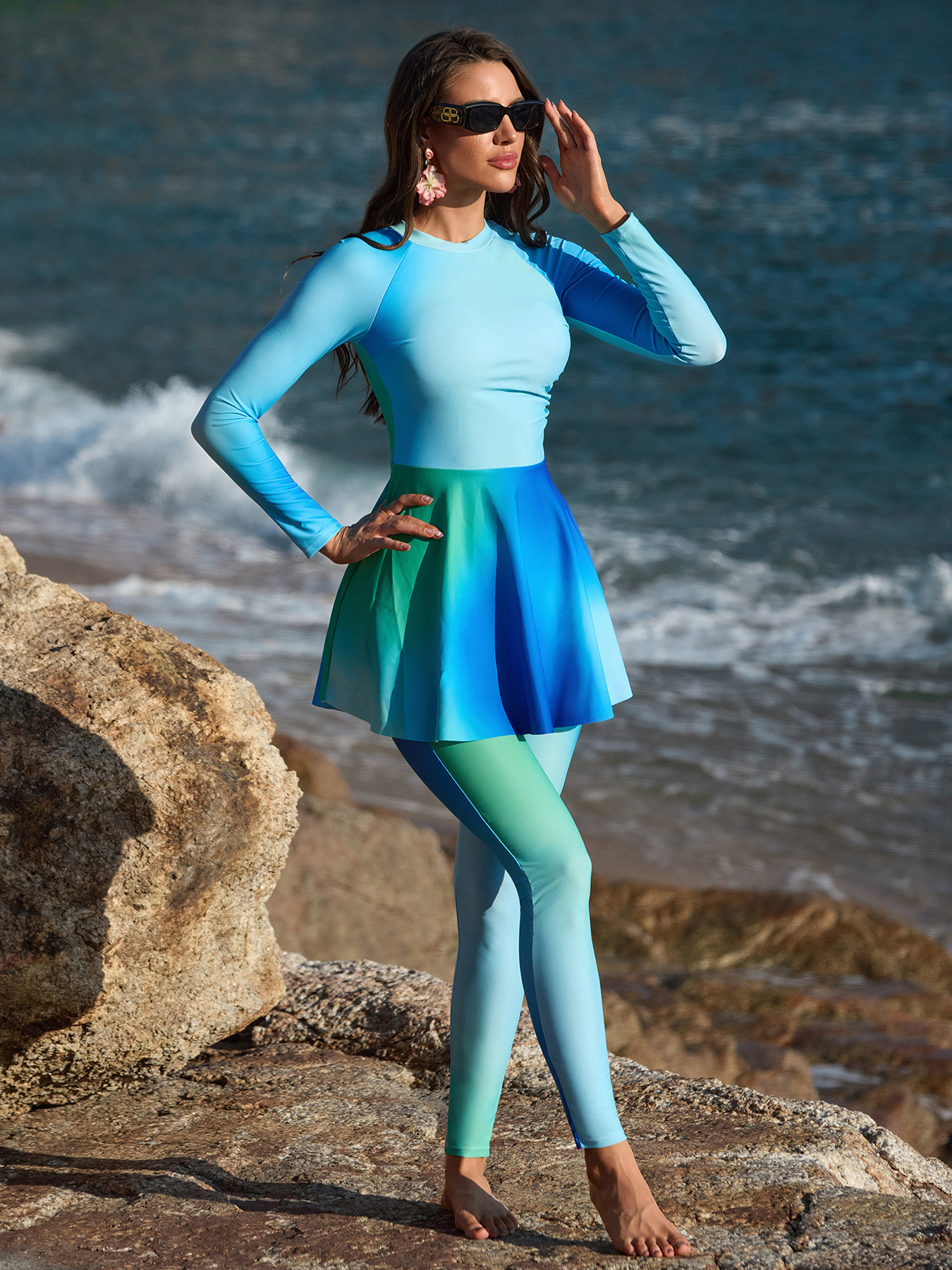 Womens Long Sleeve Color Block Athletic Swimwear Set With Leggings